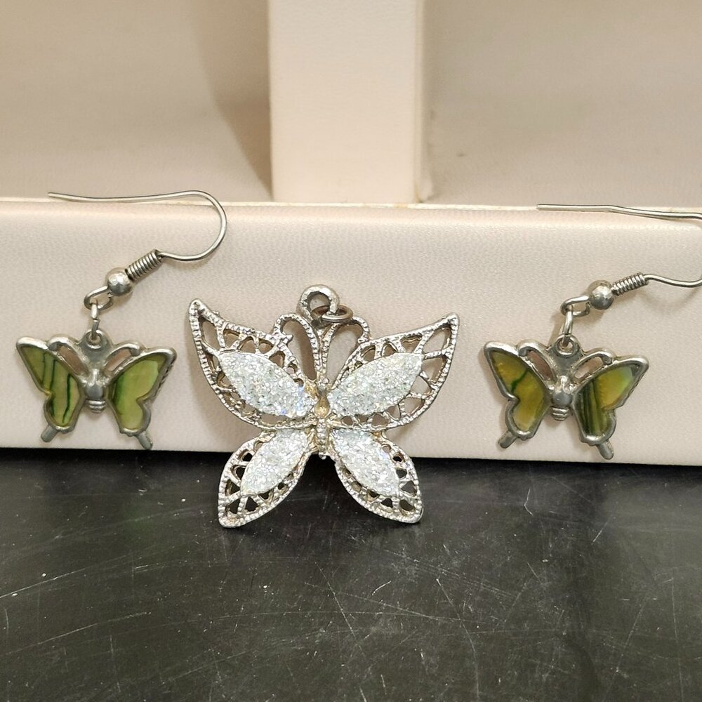 Butterfly Pendant With Earrings Silver Tone Glitter Crystals Faux Shell Jewelry